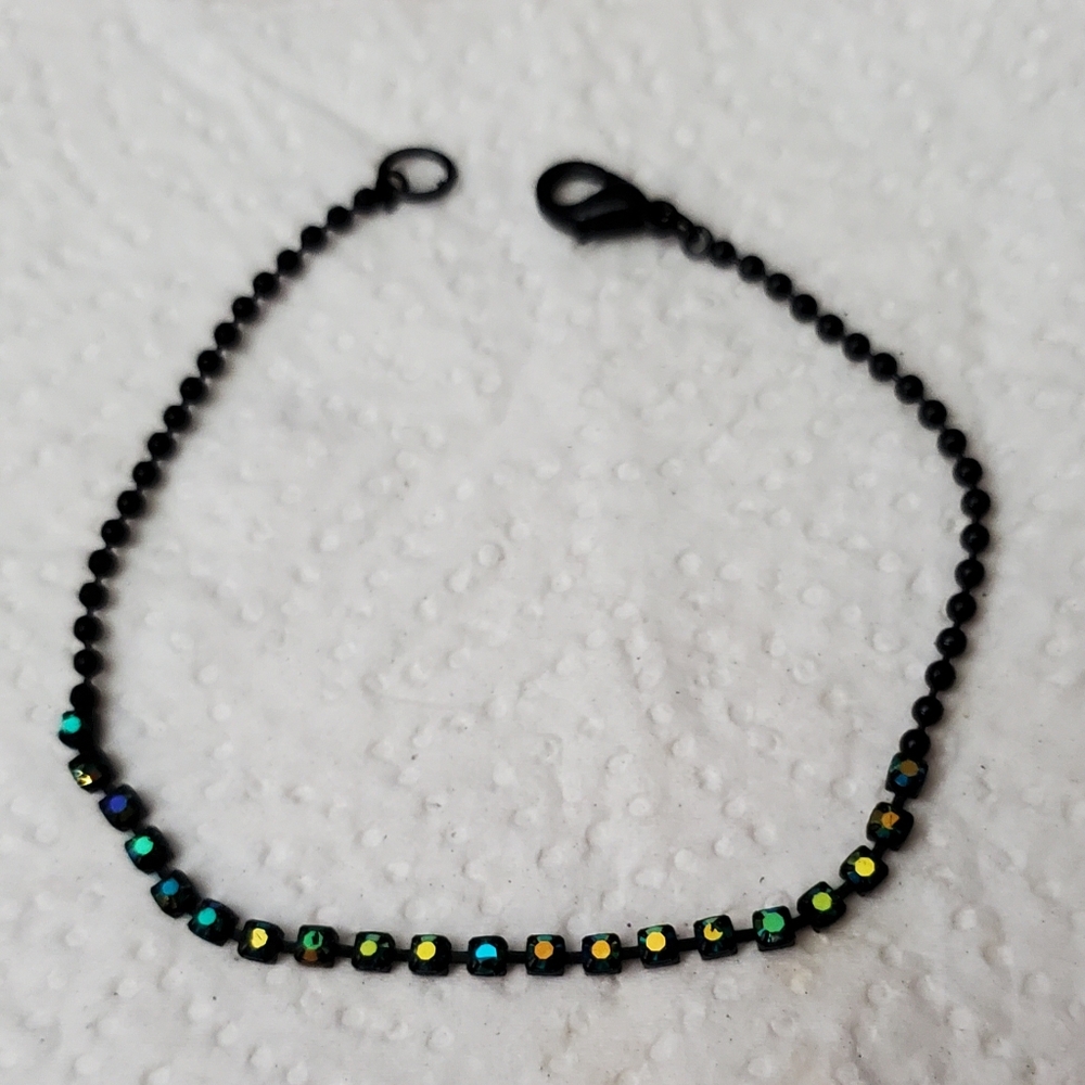 Black Mini Bead Bracelet With Aurora Borealis Highlights**8"**Lobster Claw Clasp